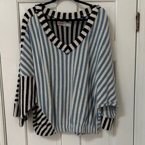 Free People Blue and Black Striped V-Neck Sweater